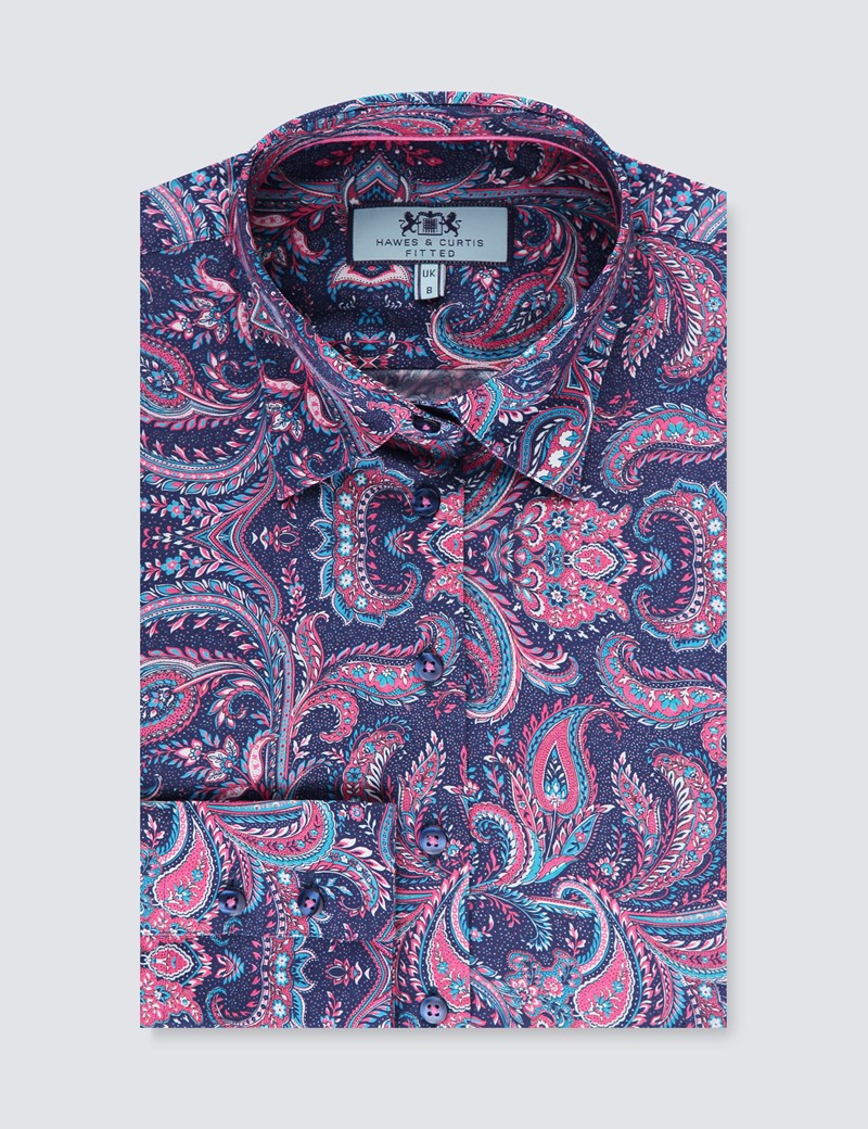 Women's Navy & Pink Paisley Fitted Shirt - Single Cuff | Hawes & Curtis