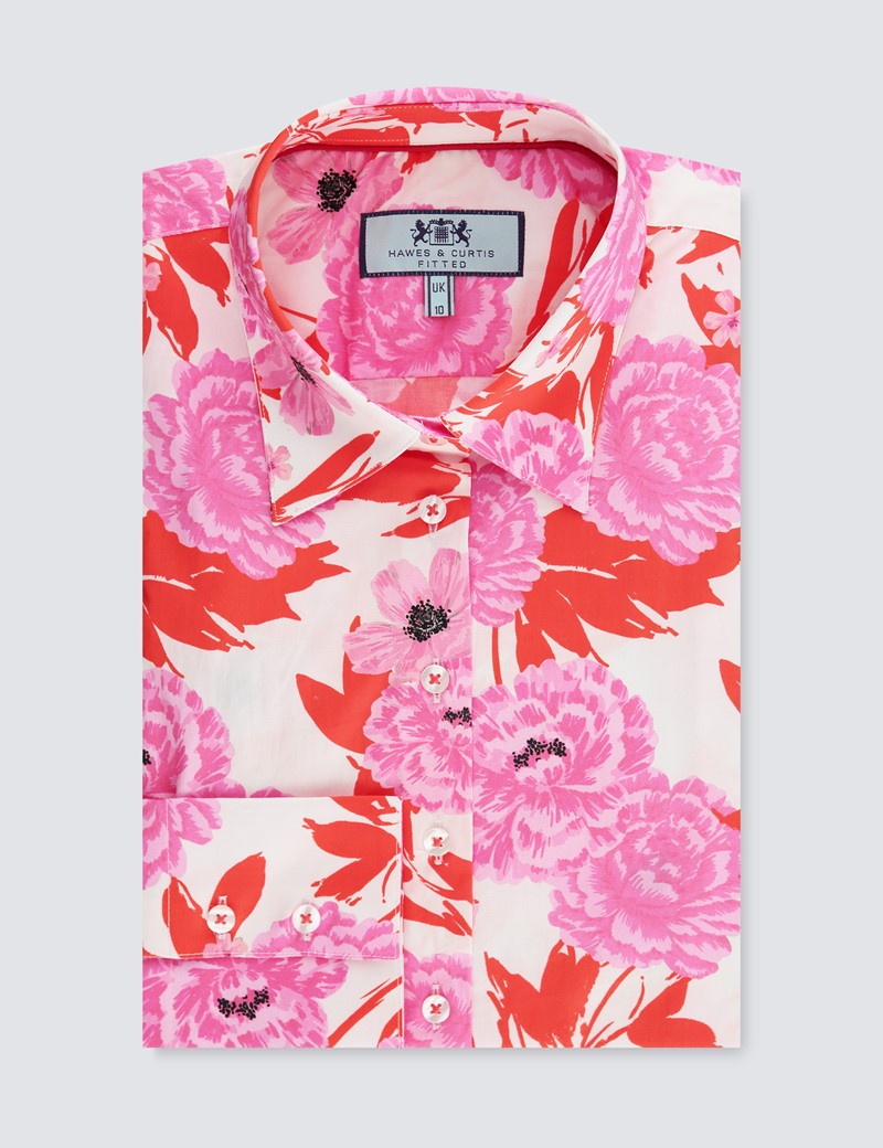 Women's White & Pink Tropical Roses Print Fitted Shirt - Single Cuff | Hawes & Curtis