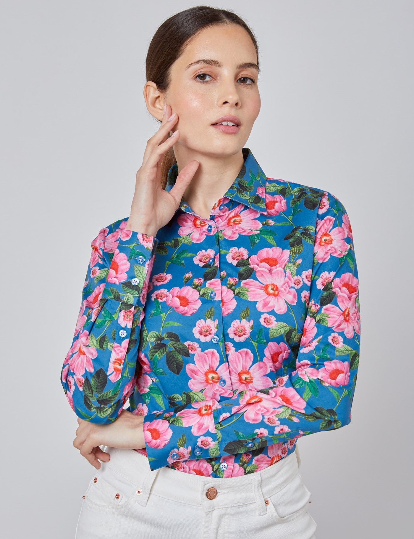 Hawes & Curtis Women's Blue & Pink Spring Bloom Floral Fitted Shirt - Single Cuff