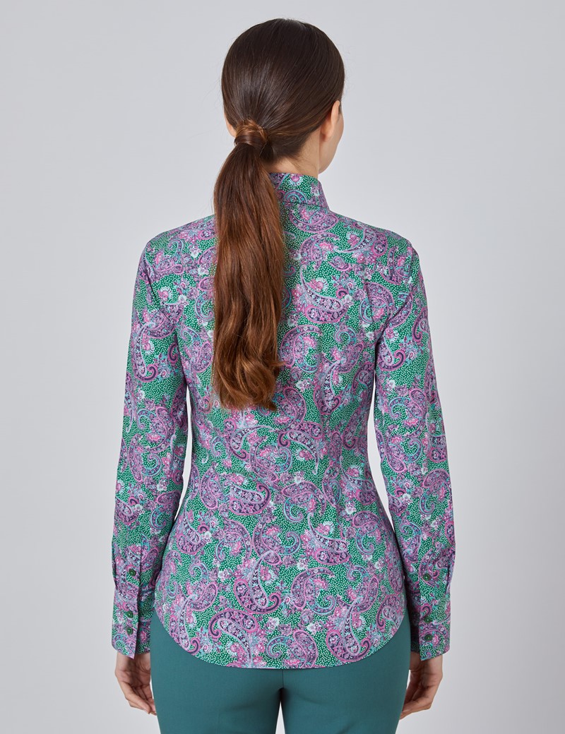 Women's Green & Pink Paisley Fitted Shirt - Single Cuff | Hawes & Curtis