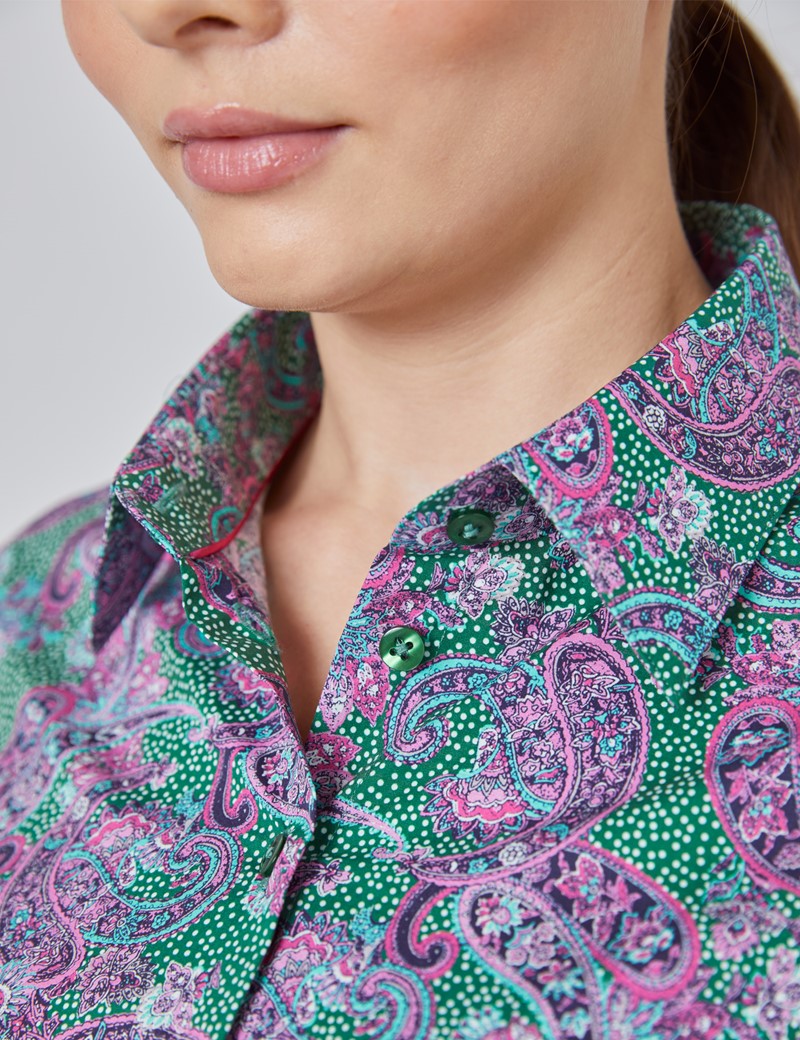 Women's Green & Pink Paisley Fitted Shirt - Single Cuff | Hawes & Curtis