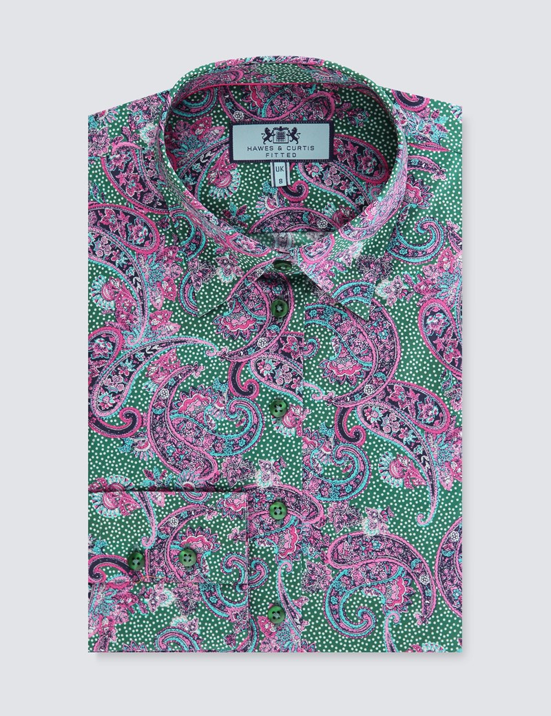 Women's Green & Pink Paisley Fitted Shirt Single Cuff Hawes & Curtis