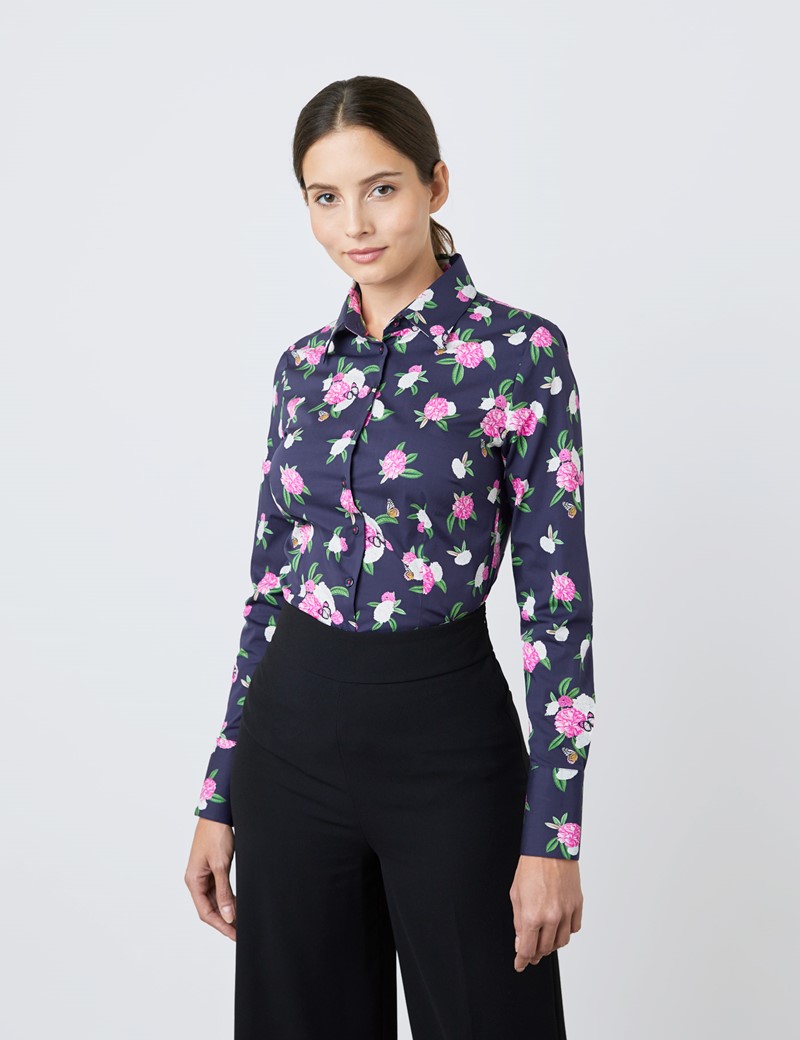 Cotton Stretch Women's Fitted Shirt with Carnation Flower Print and ...