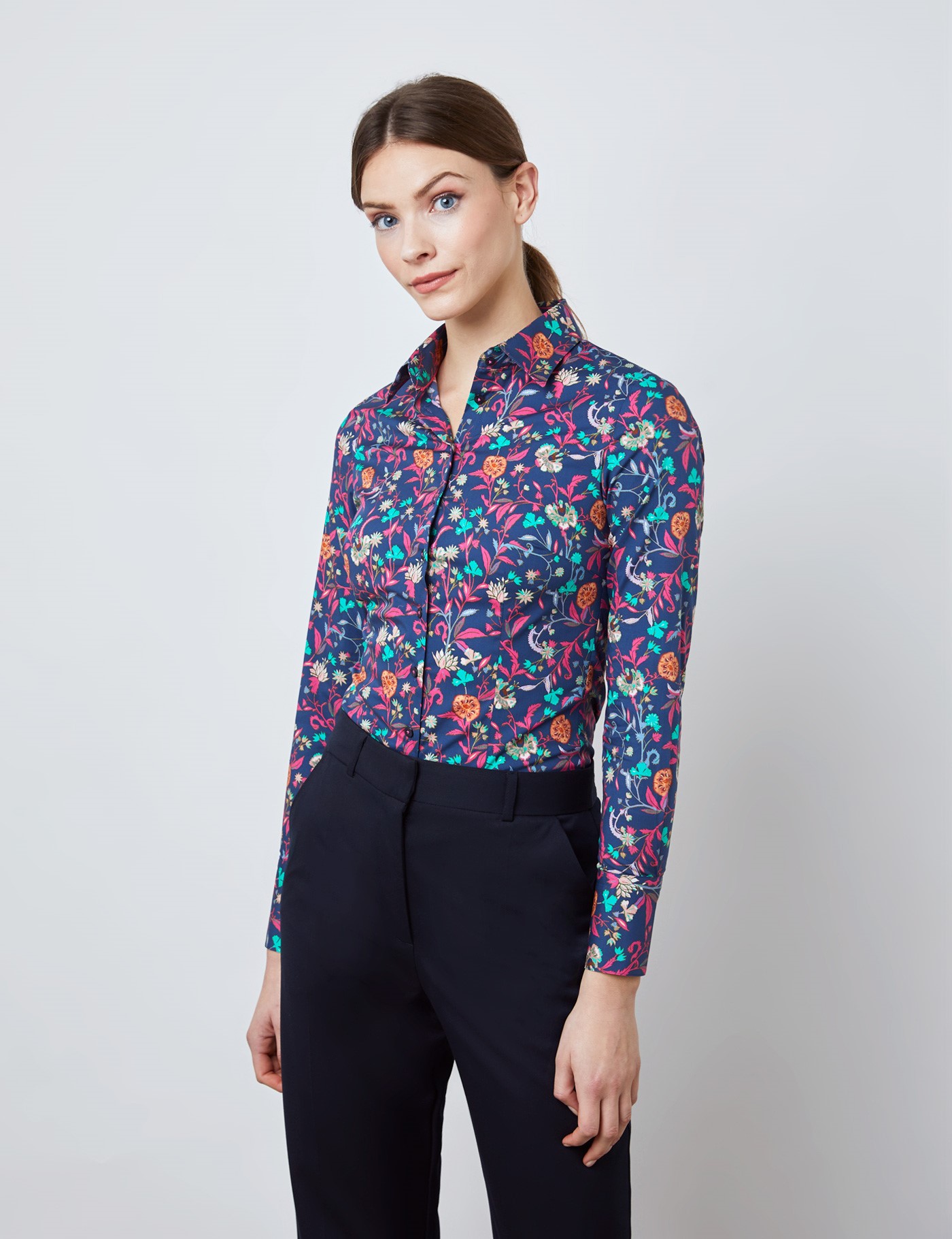 Cotton Stretch Women's Fitted Shirt with Floral Print and Single Cuff ...