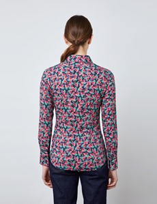 Women's Navy & Green Small Floral Print Fitted Shirt - Single Cuff