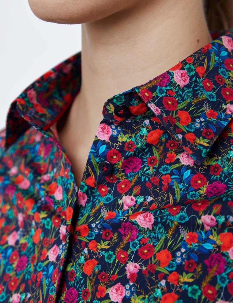 Women's Navy & Orange Autumn Flowers Fitted Shirt - Single Cuff