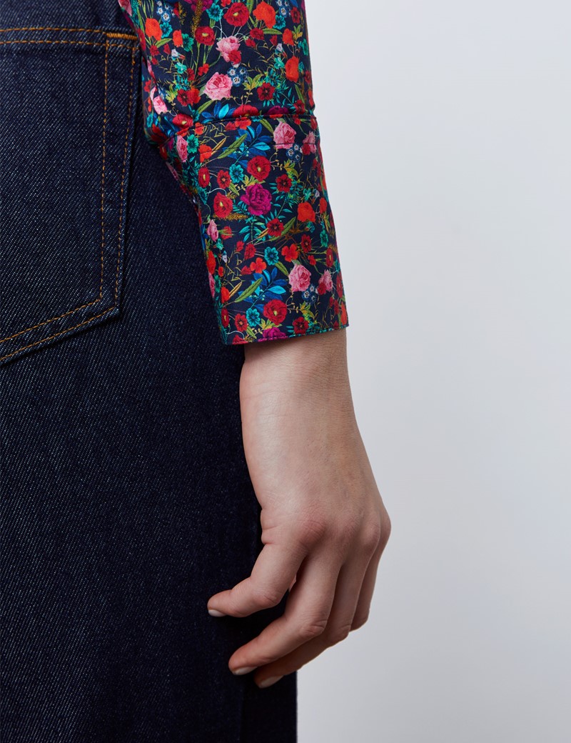 Women's Navy & Orange Autumn Flowers Fitted Shirt - Single Cuff