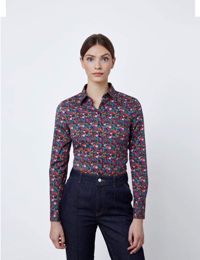 Women's Navy & Orange Autumn Flowers Fitted Shirt - Single Cuff