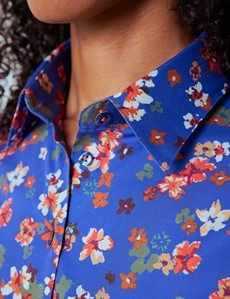 Women's Blue & Red Floral Fitted Cotton Stretch Shirt 