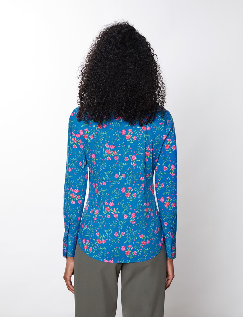 Women's Blue & Fuchsia Floral Fitted Cotton Stretch Shirt 
