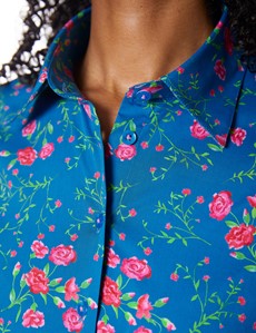 Women's Blue & Fuchsia Floral Fitted Cotton Stretch Shirt 