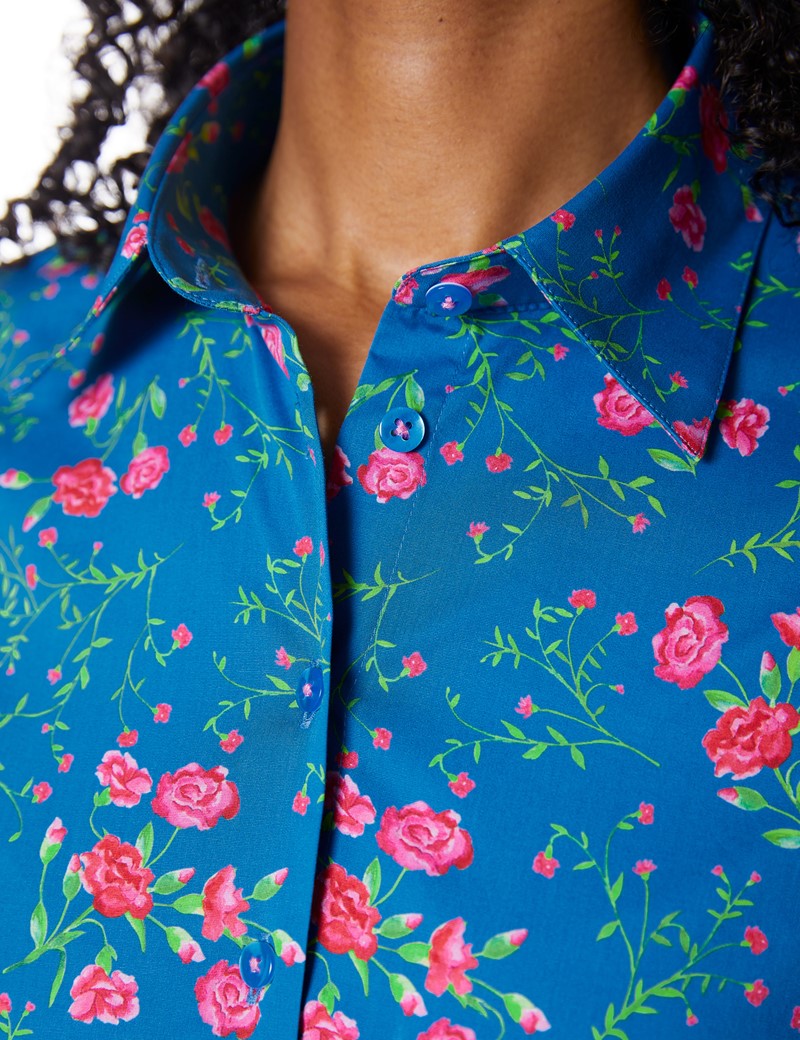 Cotton Stretch Women's Fitted Shirt With Floral Design in Blue ...