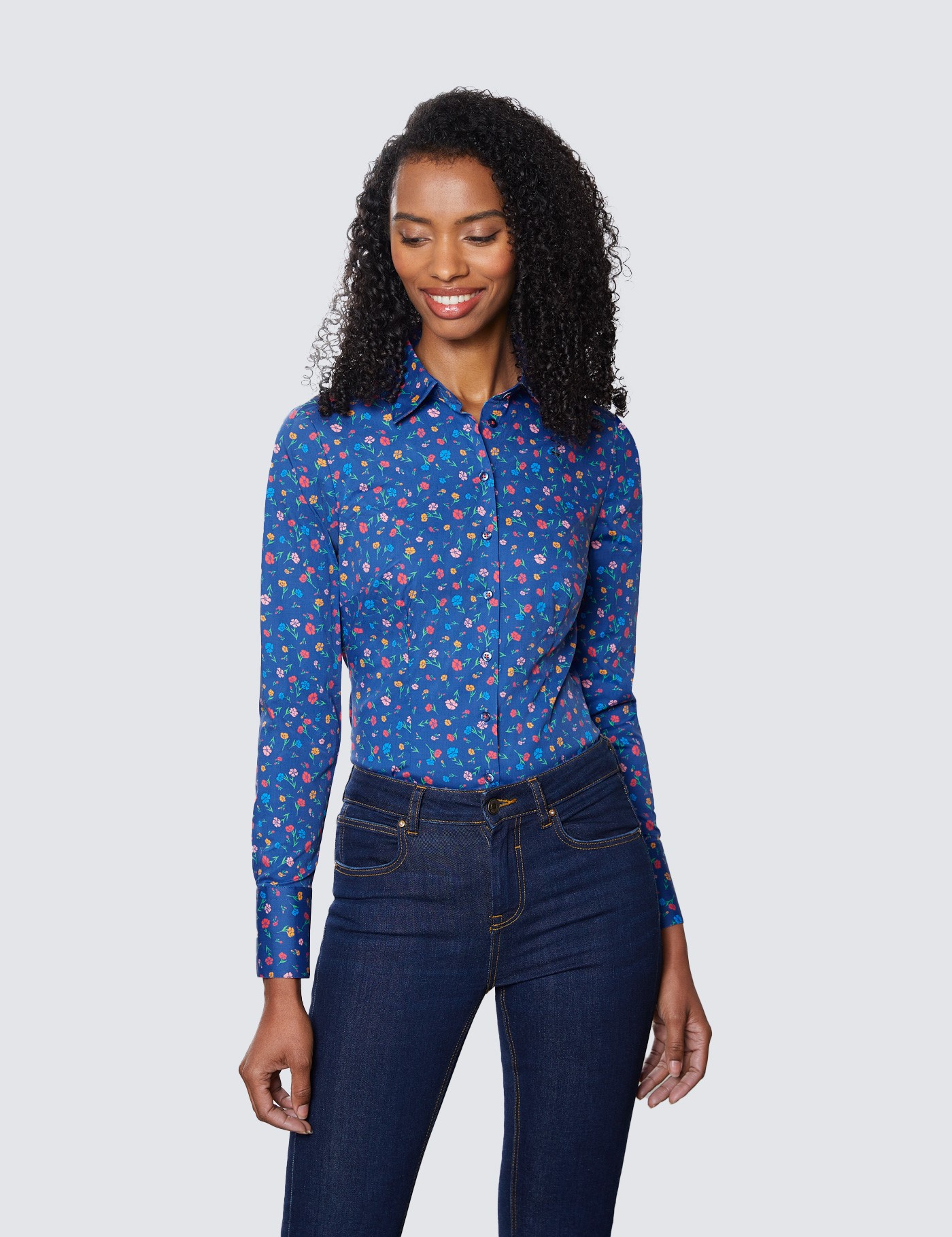 Hawes & Curtis Women's Blue & Yellow Floral Fitted Cotton Stretch Shirt