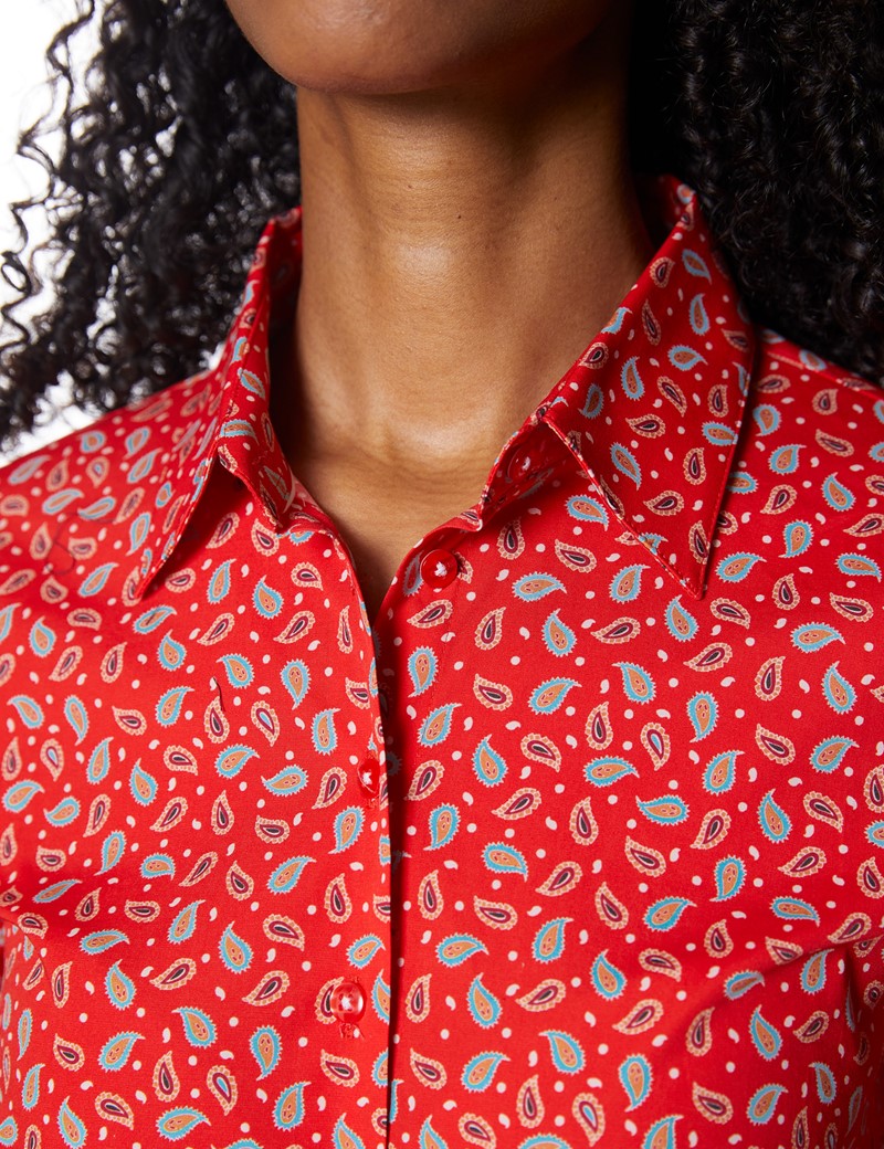 Women's Red & White Paisley Leaves Fitted Cotton Stretch Shirt 
