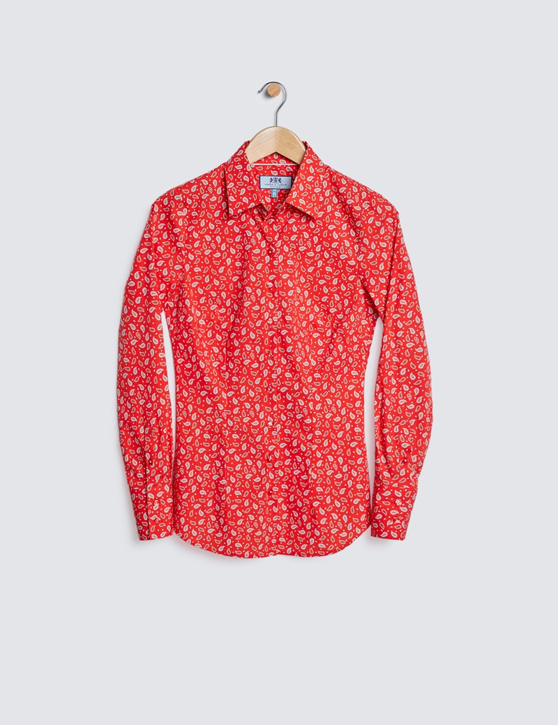 Women's Red & White Paisley Leaves Fitted Cotton Stretch Shirt 