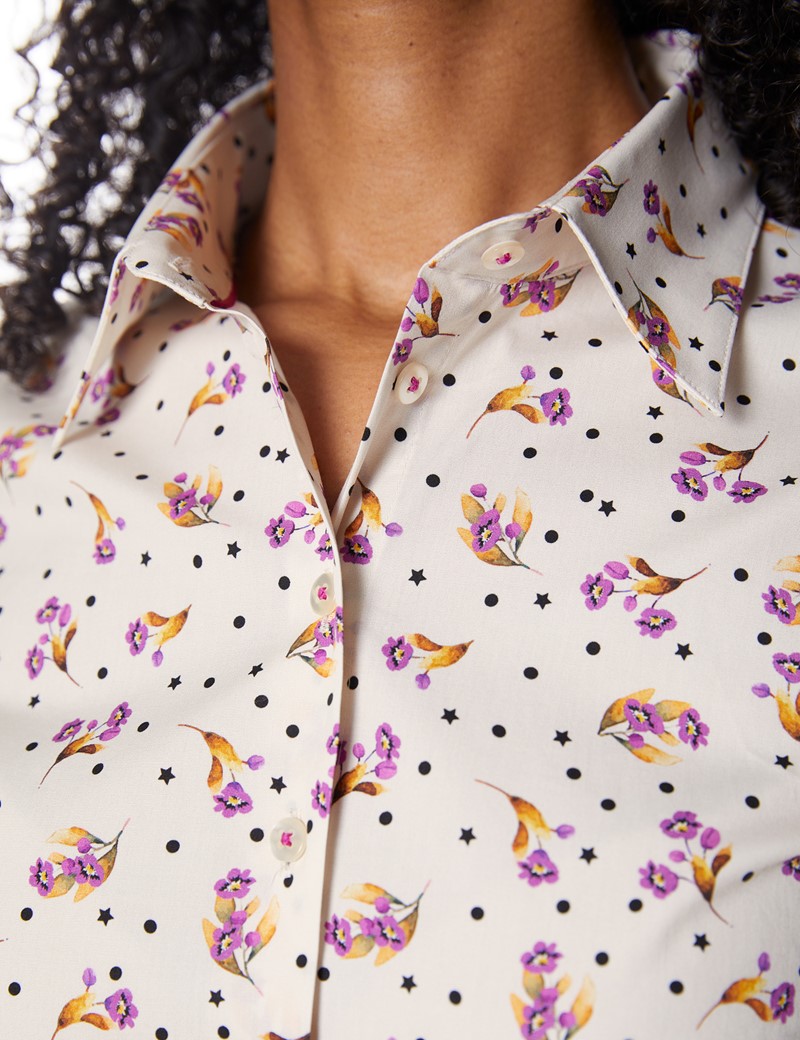 Women's White & Purple Floral Fitted Cotton Stretch Shirt 