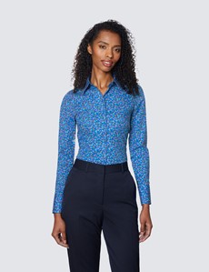 Women's Blue & Pink Fruits and Leaves Print Fitted Cotton Stretch Shirt 