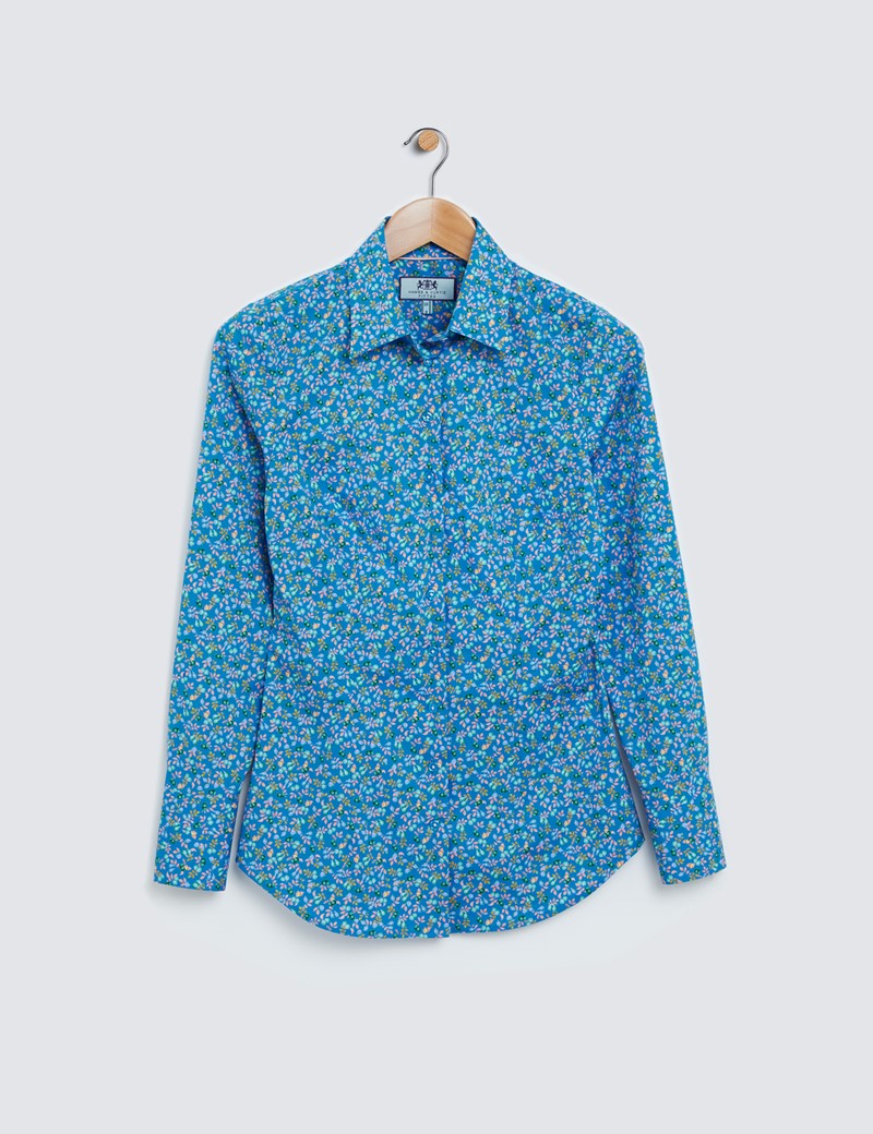 Women's Blue & Pink Fruits and Leaves Print Fitted Cotton Stretch Shirt 