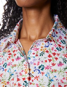 Women's White & Red Botanical Floral Print Fitted Cotton Stretch Shirt 