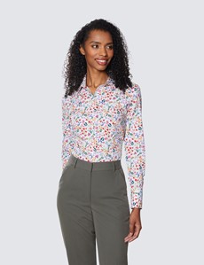 Women's White & Red Botanical Floral Print Fitted Cotton Stretch Shirt 