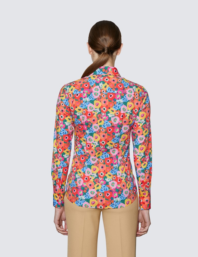 Women's Red & Pink Floral Print Fitted Cotton Stretch Shirt 