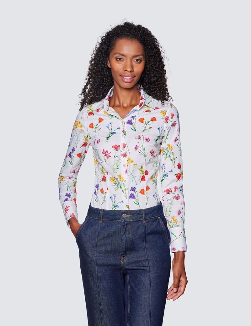 Women's White & Red Floral Print Fitted Cotton Stretch Shirt 