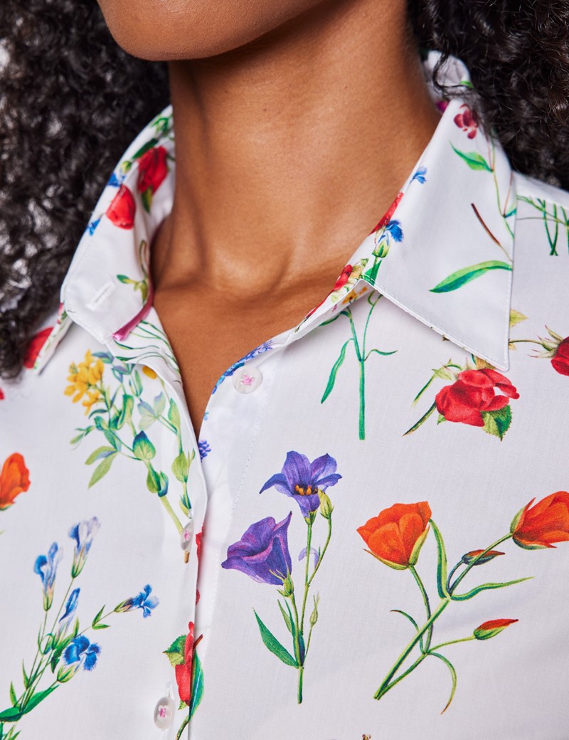 Women's White & Red Floral Print Fitted Cotton Stretch Shirt 