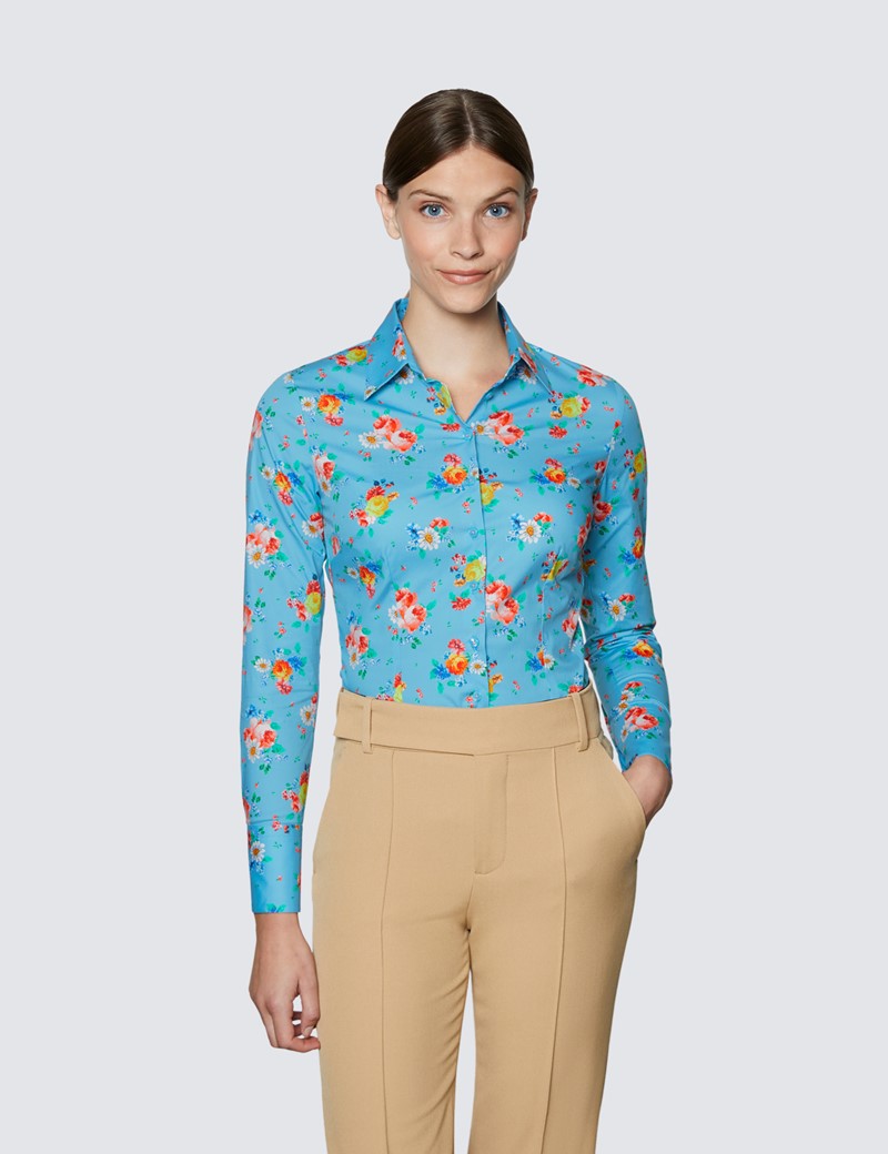 Women's Blue & Yellow Floral Print Fitted Cotton Stretch Shirt 