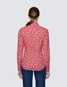 Women's Red & Blue Floral Print Fitted Cotton Stretch Shirt 