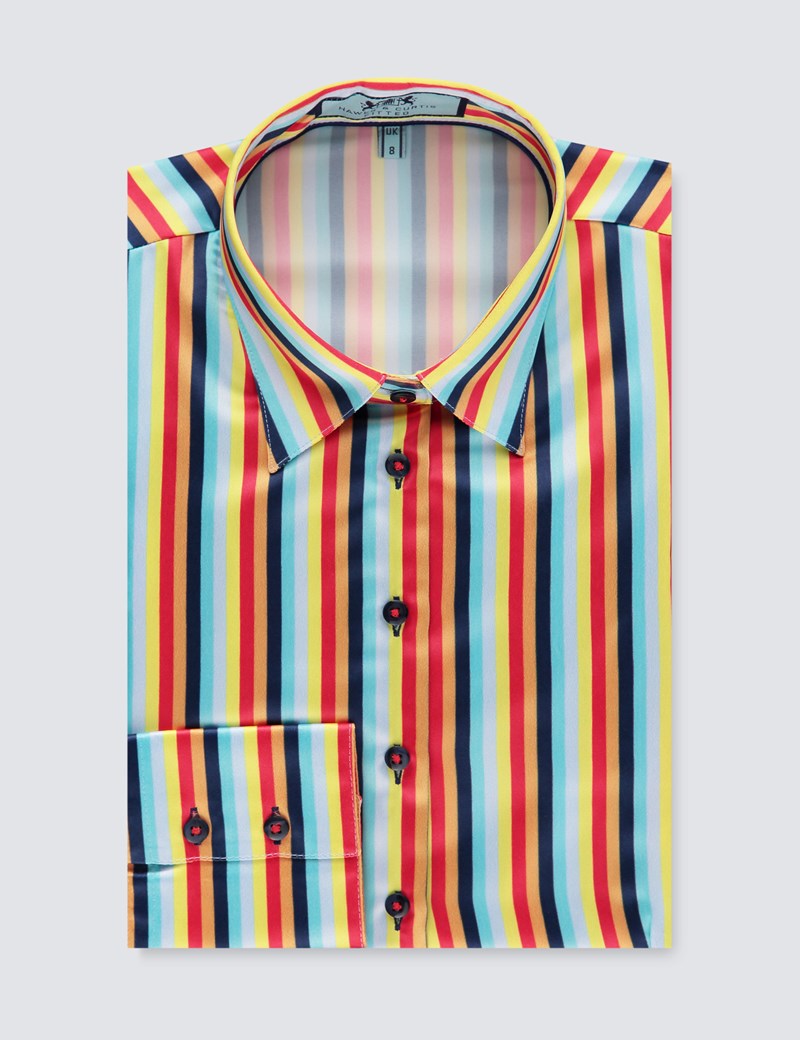 Women’s Navy & Orange Circus Stripe Fitted Satin Shirt - Single Cuff ...