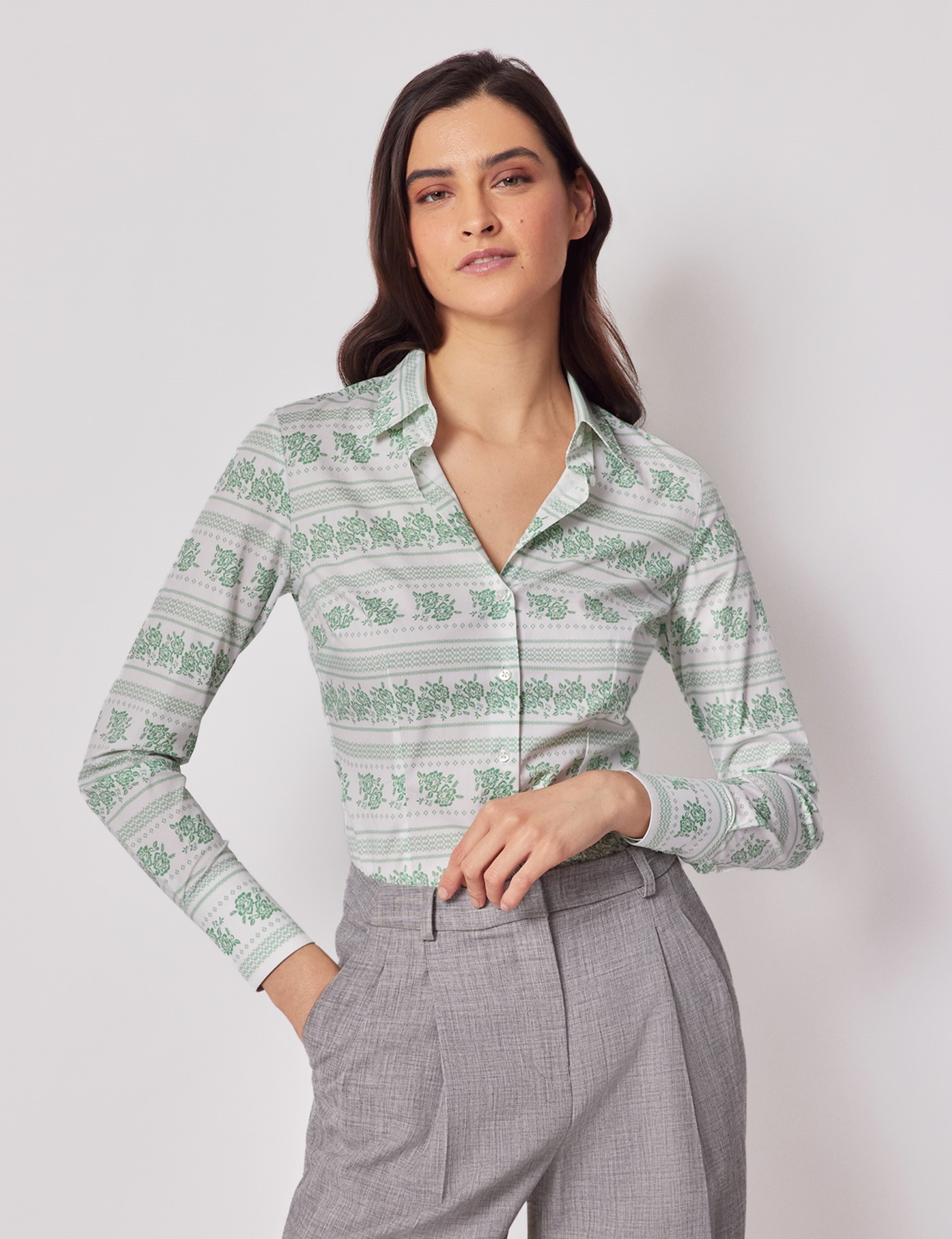 & Fitted & Green Folk Stitch Shirt
