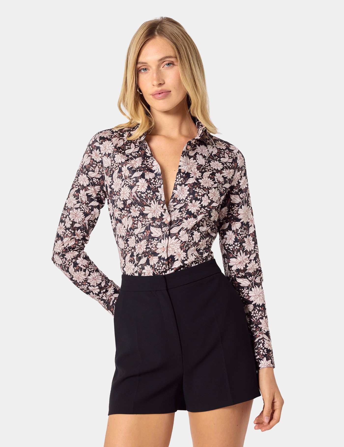 & & Pink Floral Fitted Cotton Stretch Shirt