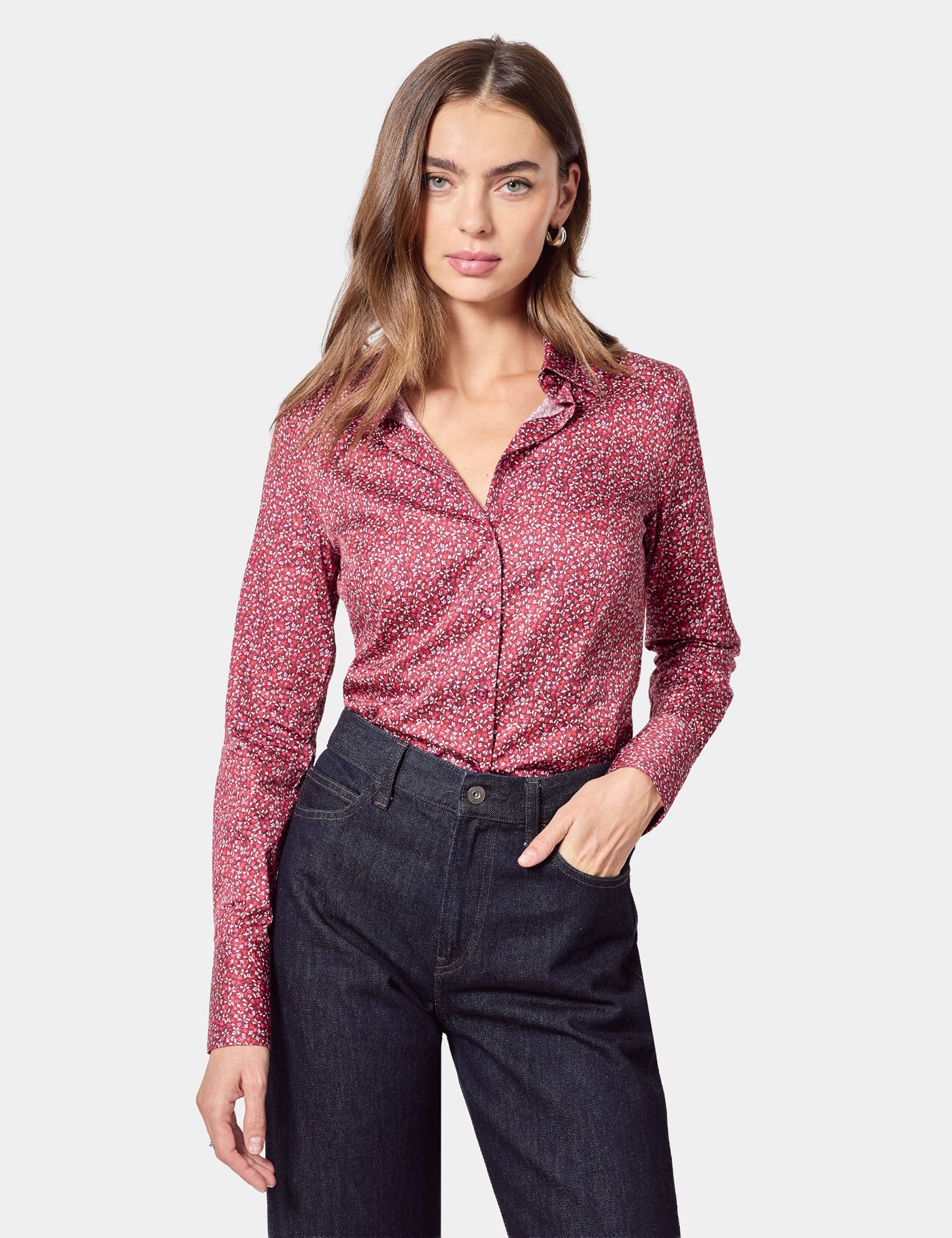 & Fitted Burgundy & Floral Shirt