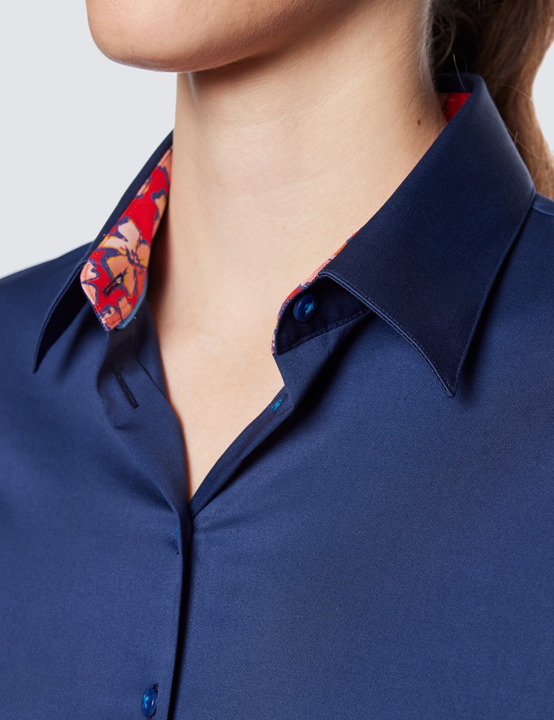 Women's Navy Fitted Shirt With Contrast Detail - Single Cuffs