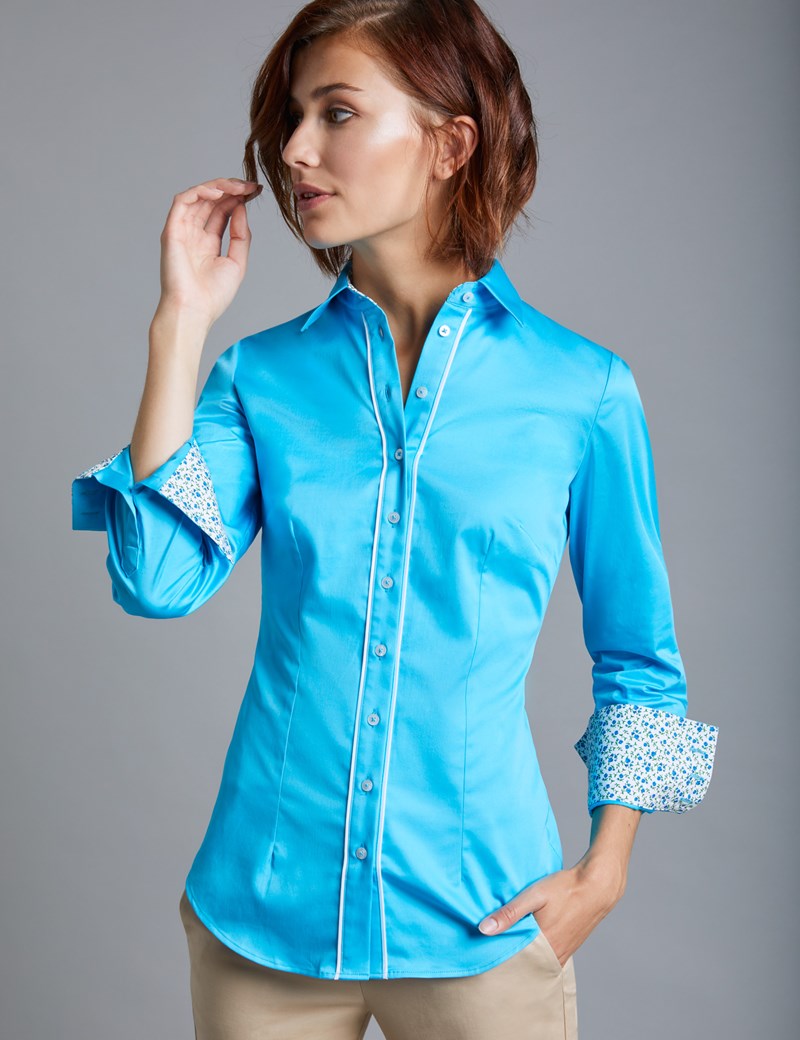 Women's Turquoise & White Fitted Shirt With Contrast Detail - Single ...