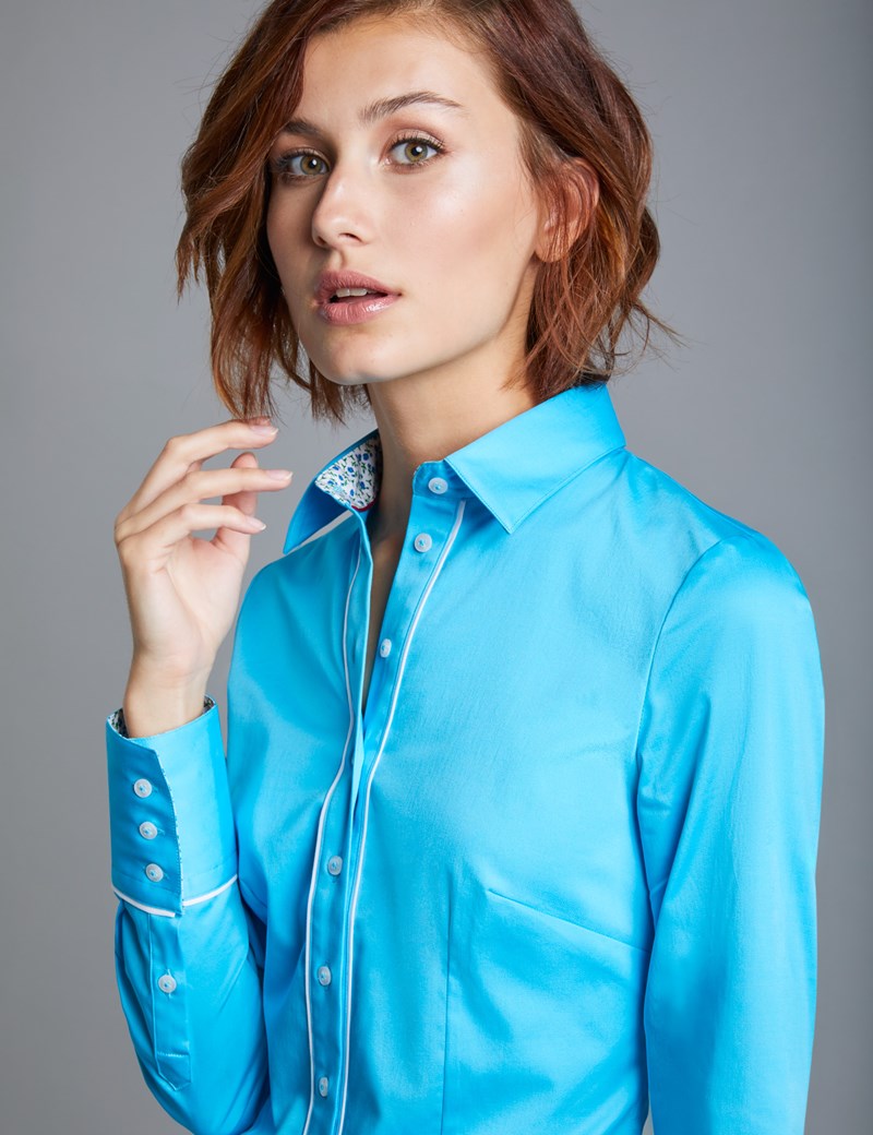 Women's Turquoise & White Fitted Shirt With Contrast Detail - Single ...