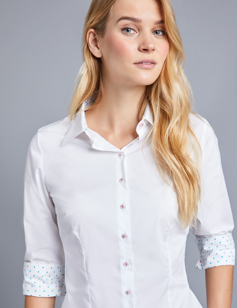 Women's White Fitted Shirt with Contrast Detail - Single Cuff | Hawes ...