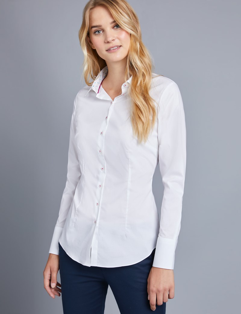 Women's White Fitted Shirt with Contrast Detail - Single Cuff | Hawes ...
