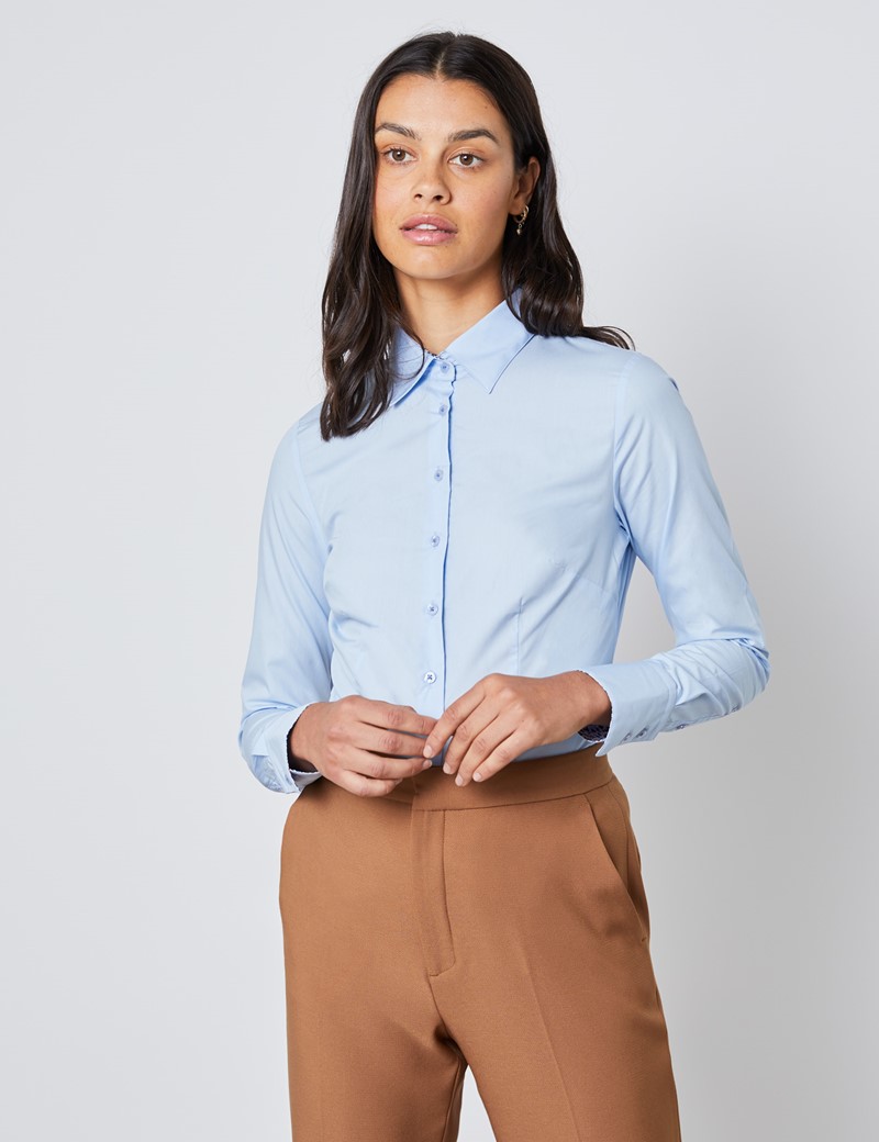 Women's Blue Cotton Poplin Fitted Shirt With Contrast Detail - Single ...