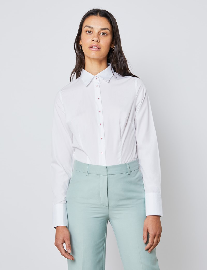 Women's White Cotton Poplin Fitted Shirt With Contrast Detail - Single ...