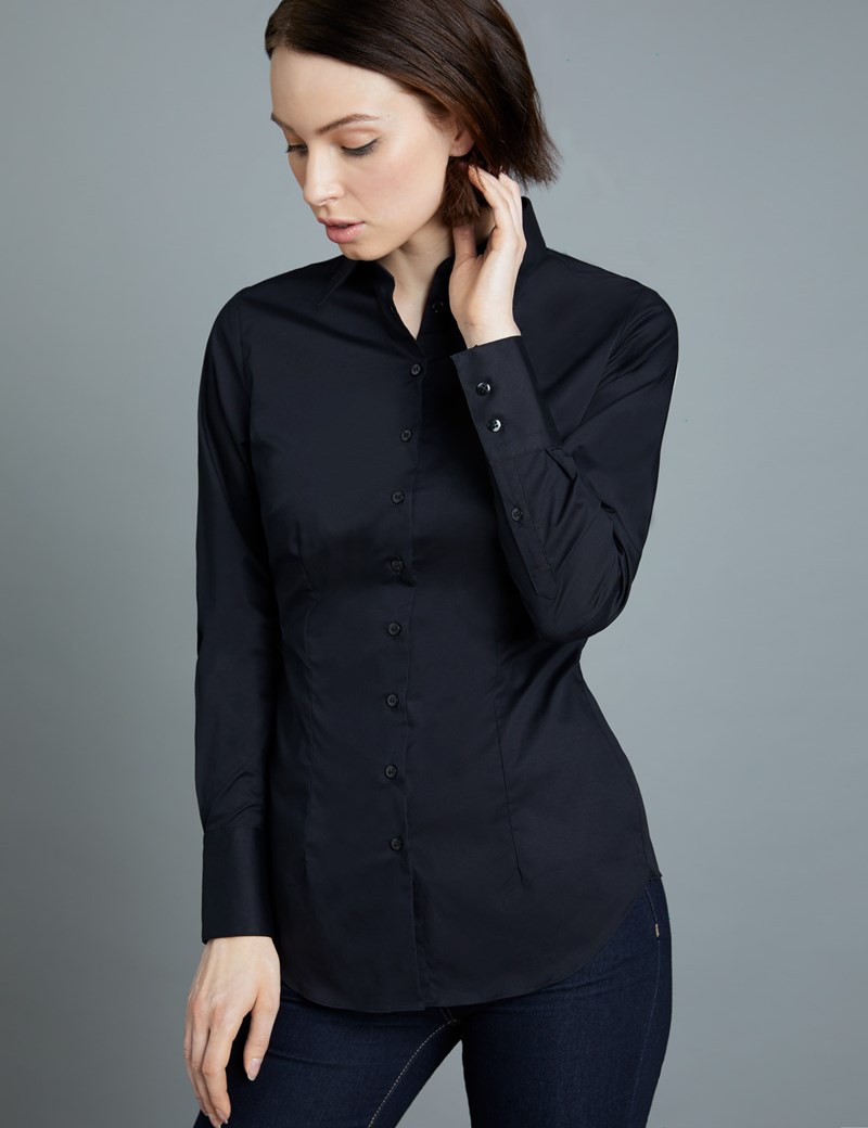 Women's Black Fitted Cotton Stretch Shirt - Single Cuff | Hawes & Curtis