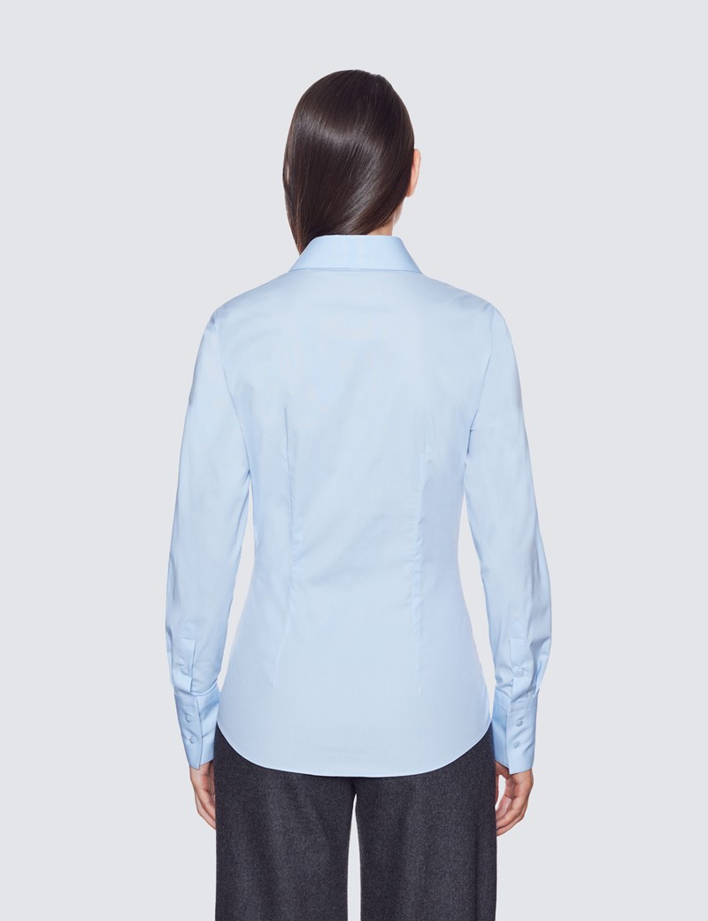 Women's Ice Blue Cotton Fitted Stretch Shirt - Single Cuff