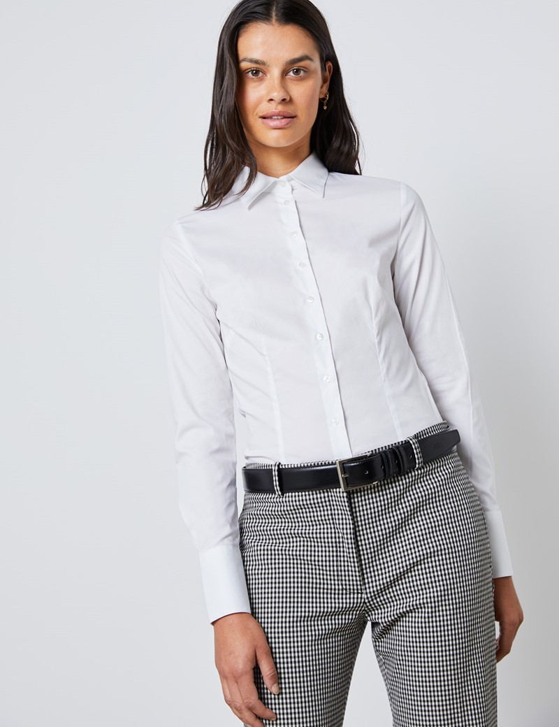 Women's White Fitted Cotton Stretch Shirt - Single Cuff | Hawes & Curtis