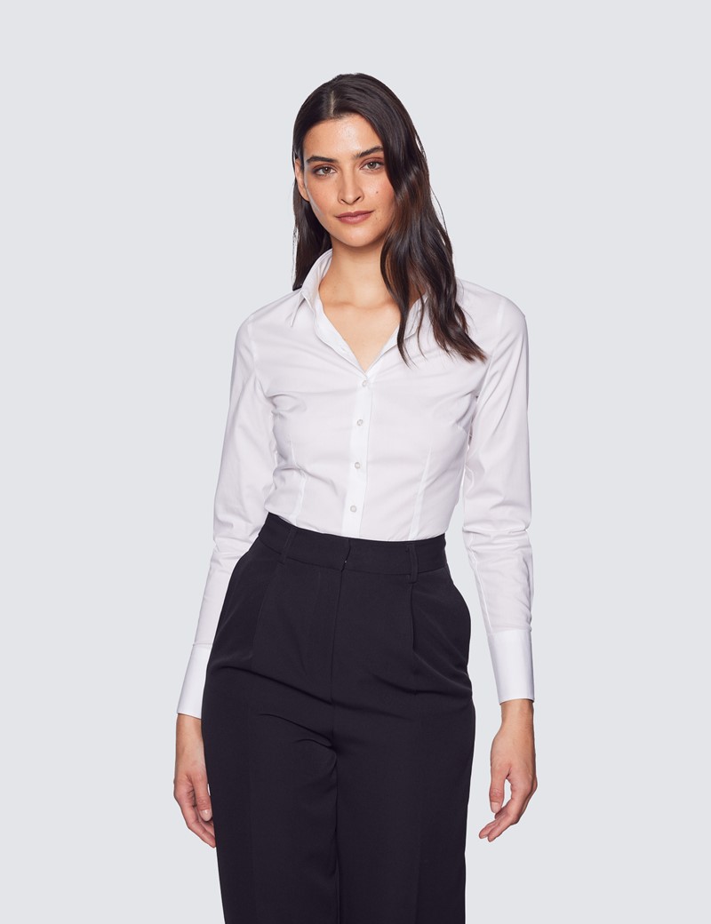 Women's White Fitted Cotton Stretch Shirt - Single Cuffs | Hawes and Curtis