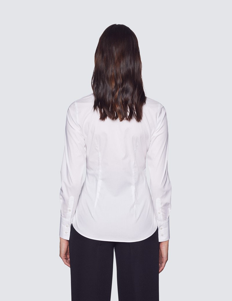 Women's White Fitted Cotton Stretch Shirt - Single Cuffs | Hawes and Curtis