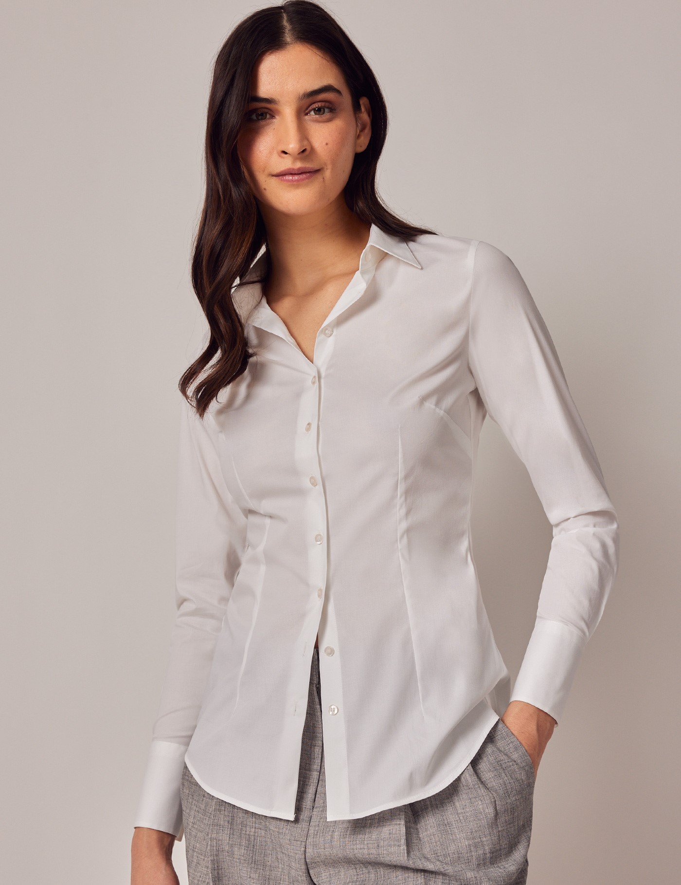 Women's White Fitted Cotton Stretch Shirt - Single Cuffs | Hawes and Curtis