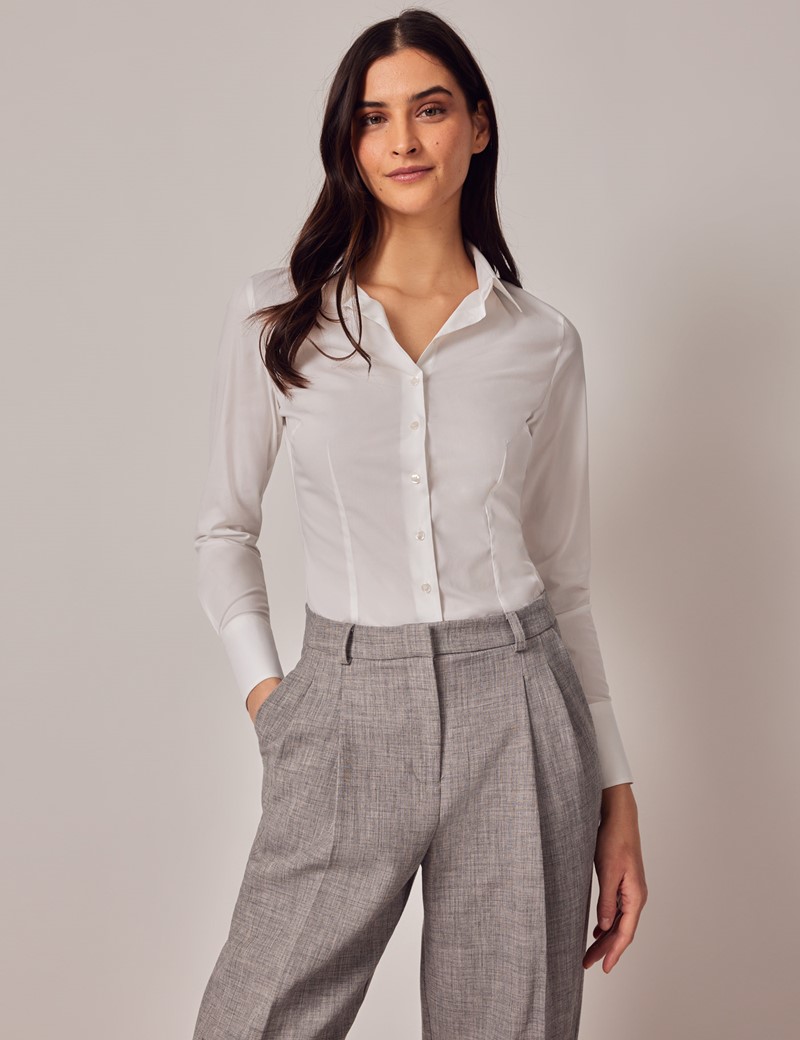 Women's White Fitted Cotton Stretch Shirt - Single Cuffs | Hawes
