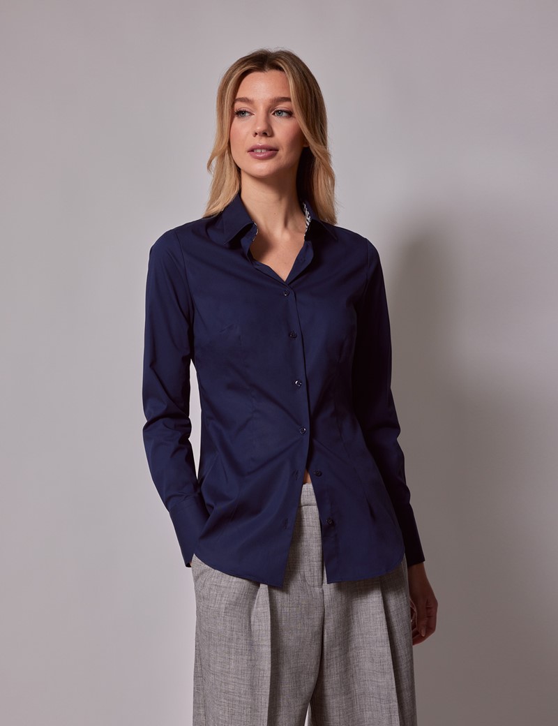 Women's Navy Fitted Cotton Stretch Shirt With Contrast Detail | Hawes ...
