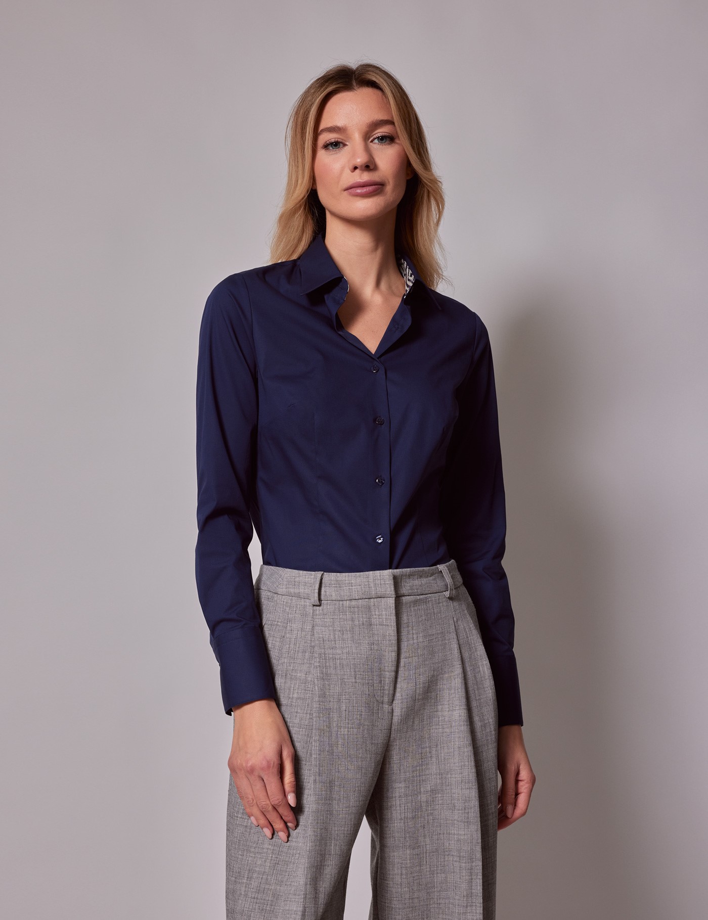 Women's Navy Fitted Cotton Stretch Shirt With Contrast Detail | Hawes ...