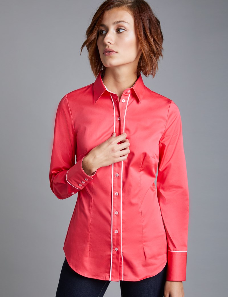 Women's Hot Coral & White Fitted Shirt With Contrast Detail - Single ...